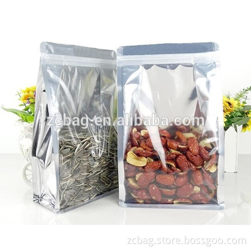 quad eight side seal colorful aluminium foil flat bottom one side aluminium foil one side transparent PE snack packaging bags